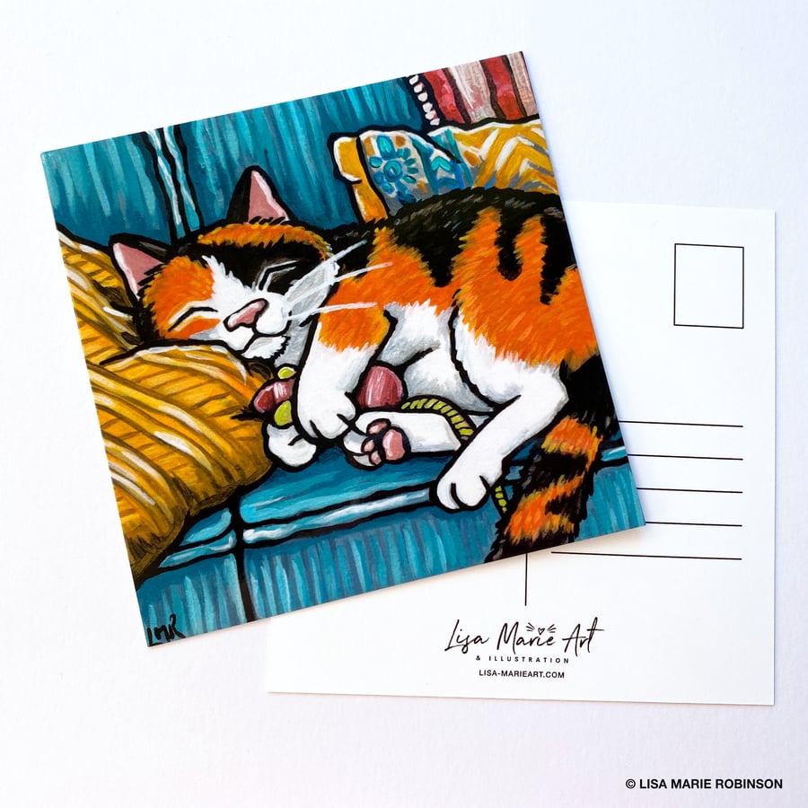 Sleeping Calico Cat Postcard