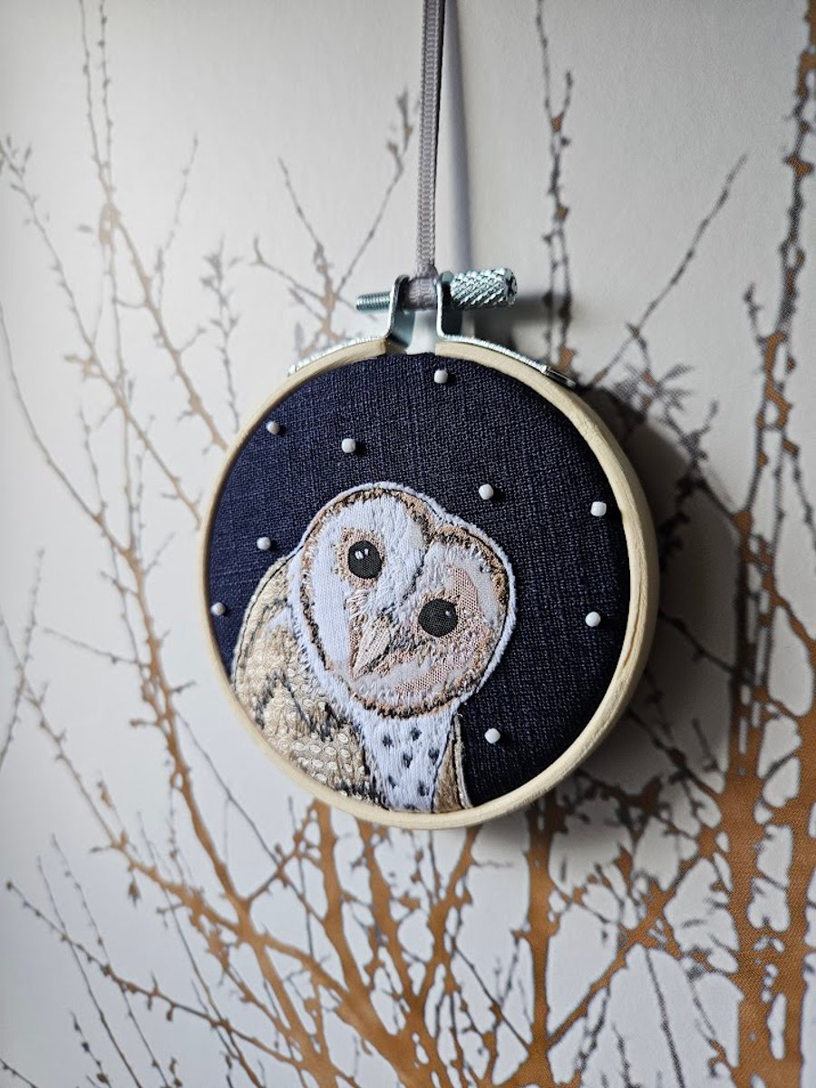 Handmade fabric Barn owl decorations, mini hoop, hanging decoration