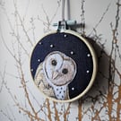 Handmade fabric Barn owl decorations, mini hoop, hanging decoration