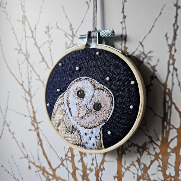 Handmade fabric Barn owl decorations, mini hoop, hanging decoration