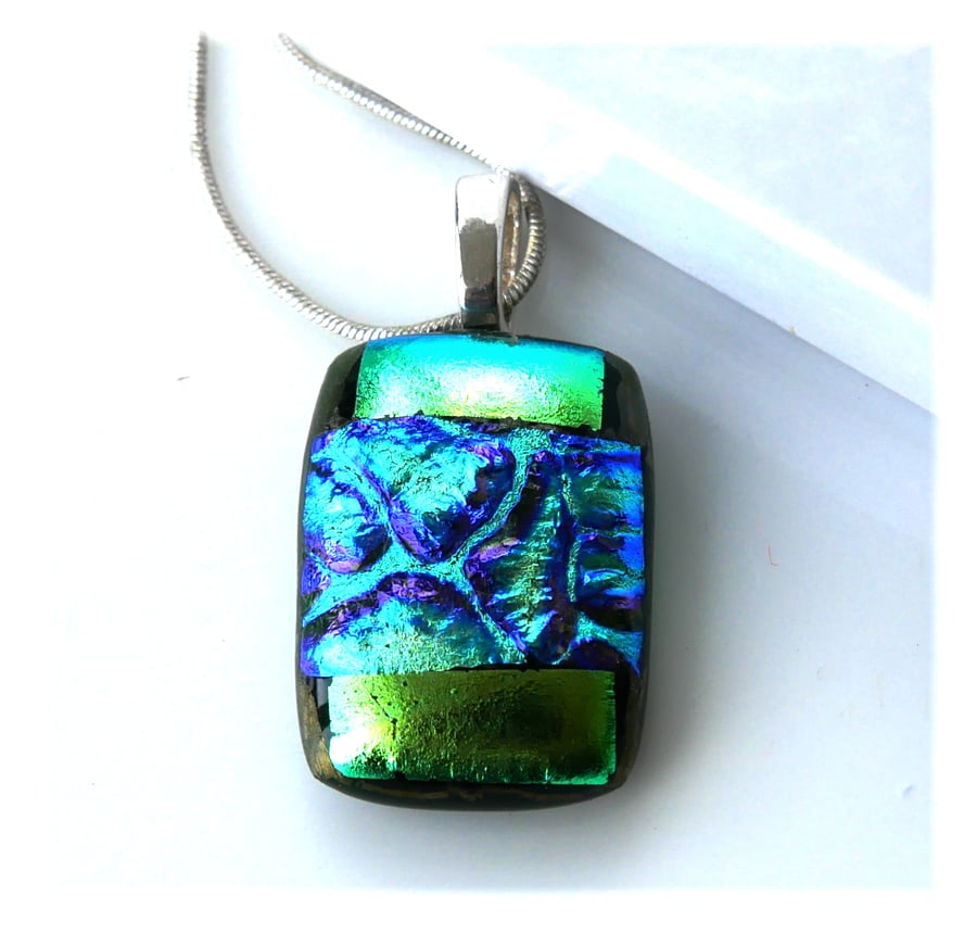 Dichroic Glass Pendant 276 Green Teal Handmade with silver plated chain