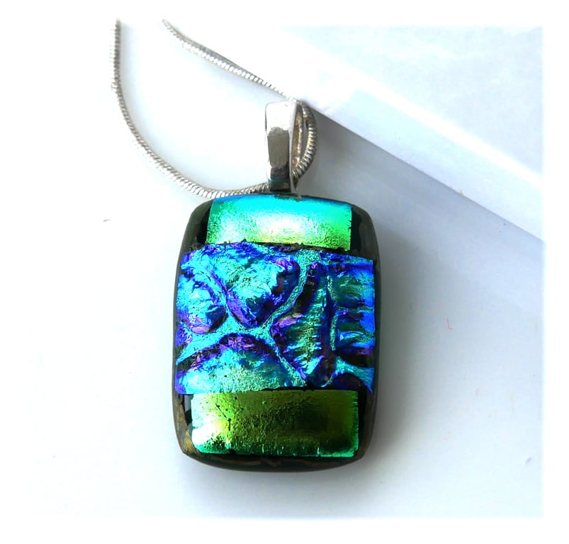 Dichroic Glass Pendant 276 Green Teal Handmade with silver plated chain