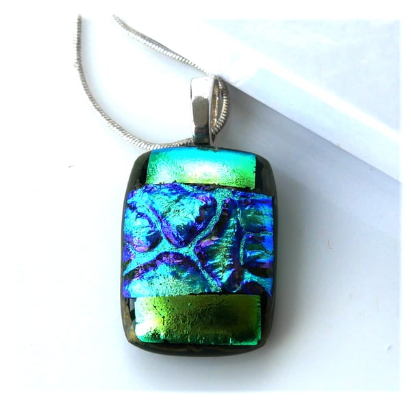 Dichroic Glass Pendant 276 Green Teal Handmade with silver plated chain