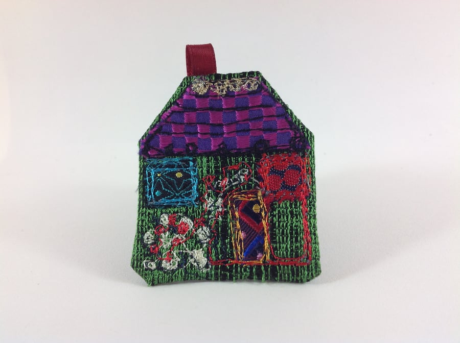 Textile Art House Brooch. Green Cottage 