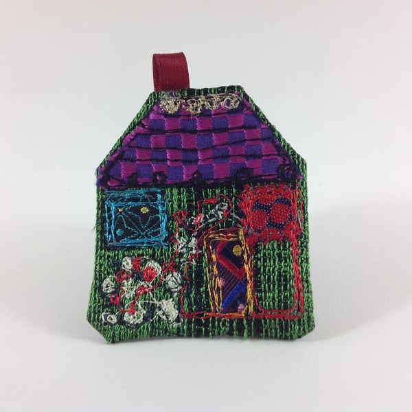 Textile Art House Brooch. Green Cottage 