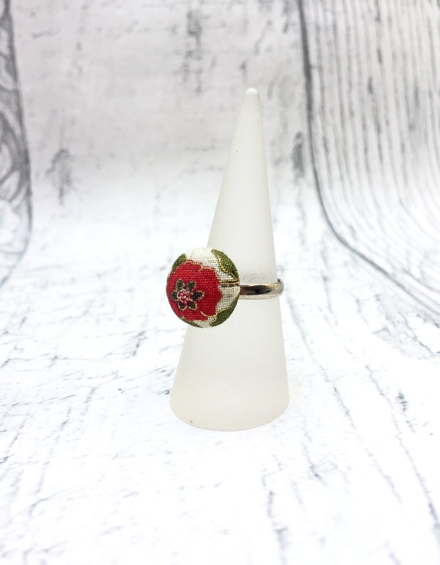 Red flower cream fabric button adjustable ring William Morris pattern