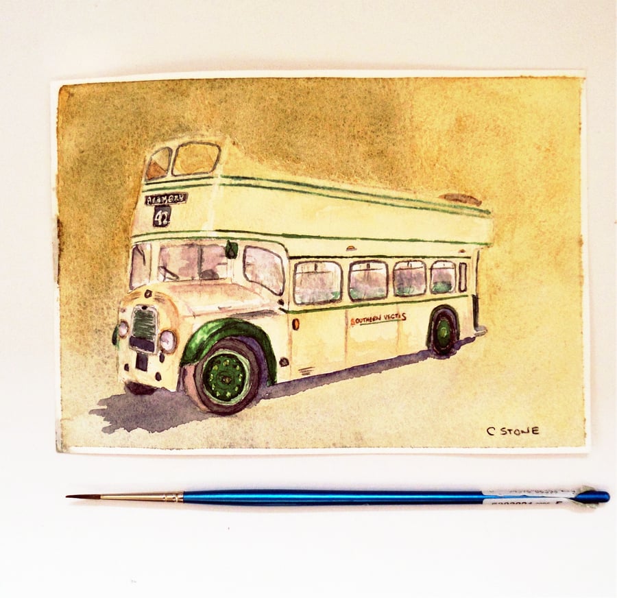 Small original watercolour classic Bristol Lodekka Open Top Bus Southern Vectis