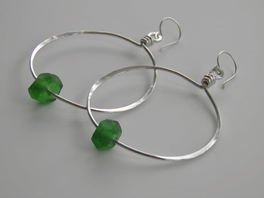 Green Earrings Sterling Silver Hoops Recycled Glass Beads