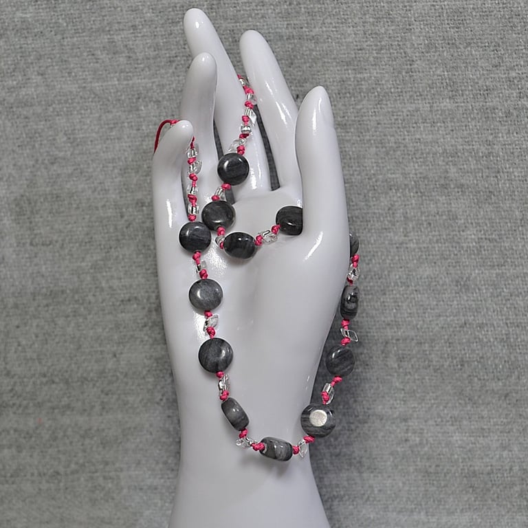 Grey Stone Disc and Silver-Lined Magatama Bead Necklace