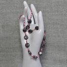 Grey Stone Disc and Silver-Lined Magatama Bead Necklace