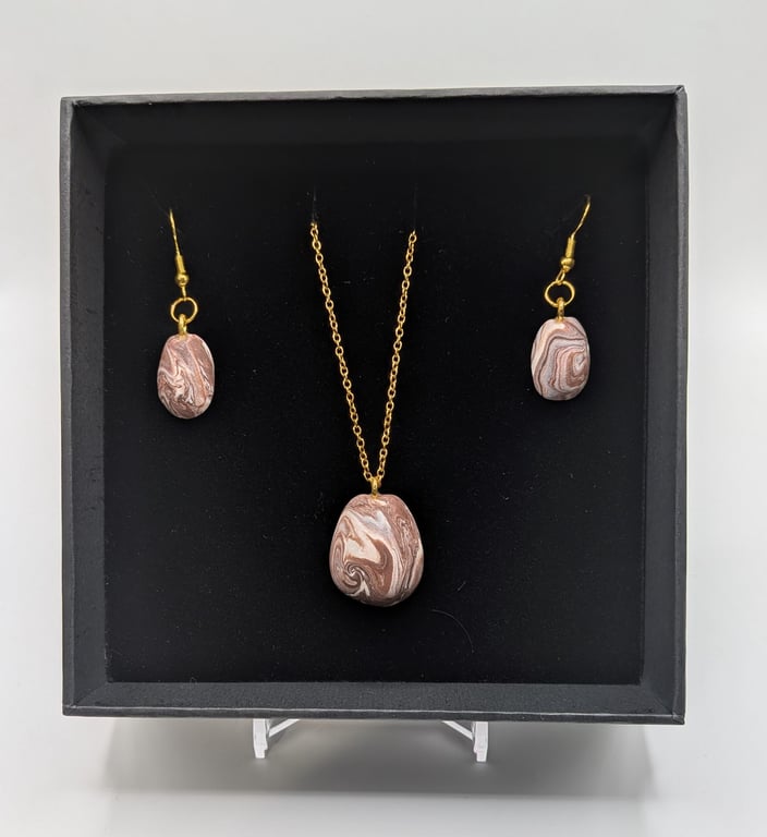 Natural marble stone and gold Jewelry Set Handmade Polymer Clay Necklace, Earrin