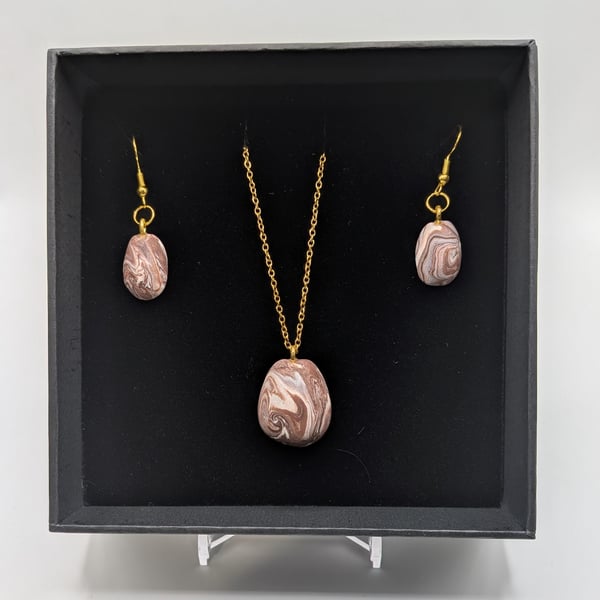 Natural marble stone and gold Jewelry Set Handmade Polymer Clay Necklace, Earrin