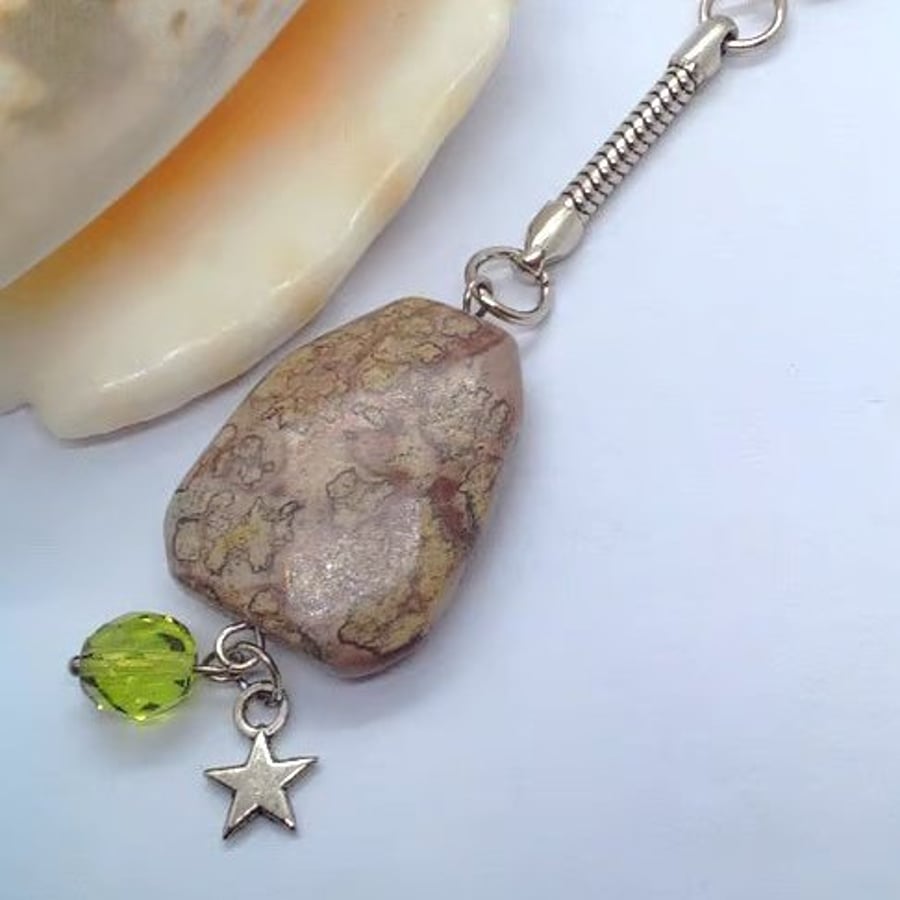 Brown Mottled Jasper Key Ring with Star Charm and Green Bead, Teacher's Gift