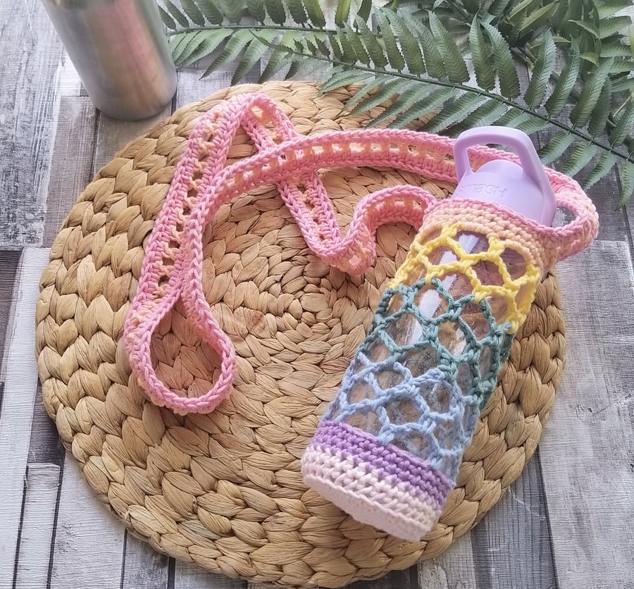  Crochet Pastel Rainbow Cotton Water Bottle Holder Carrier 