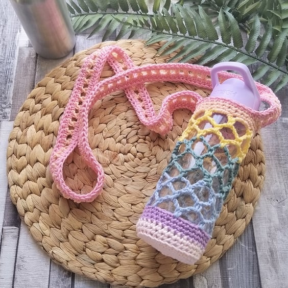  Crochet Pastel Rainbow Cotton Water Bottle Holder Carrier 
