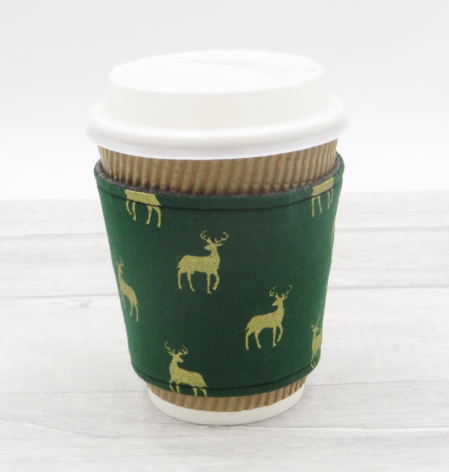 Fabric Coffee Cup Cosy, Eco Friendly Reusable cup sleeve Christmas Stag Reindeer
