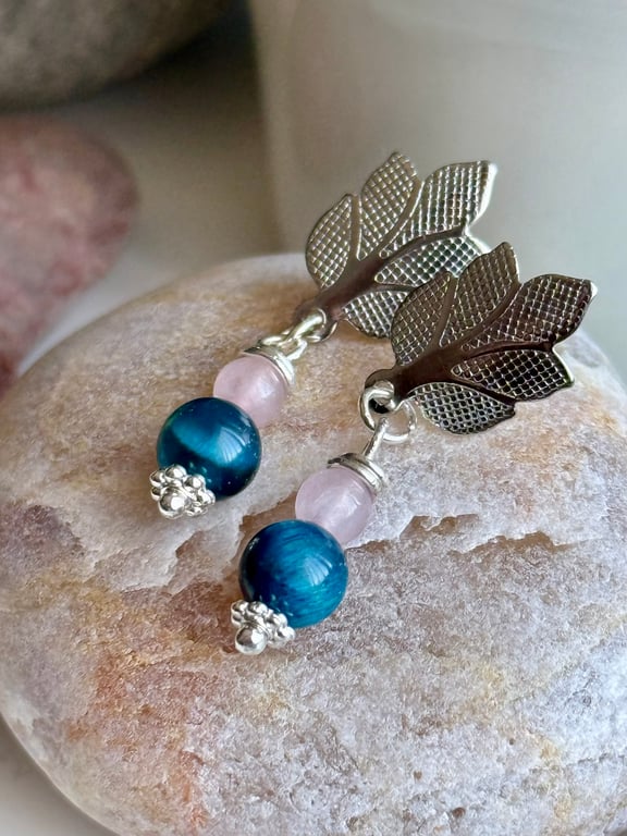Tiger Eye and Rose Quartz Drop Earrings. Gemstone Earrings