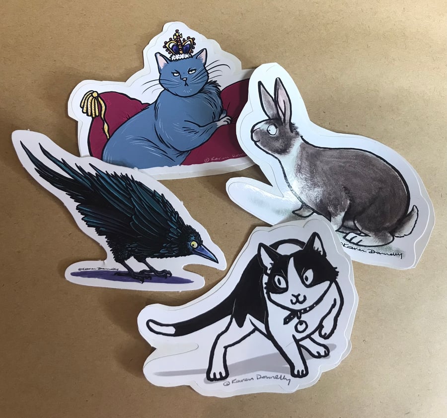 Sticker Bundle: Cats, Rabbit, Crow