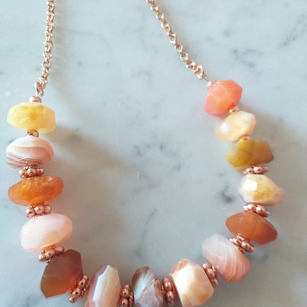 SALE - ORANGE CHALCEDONY AND ROSE GOLD NECKLACE - NUGGETS -  FREE UK  SHIPPING 
