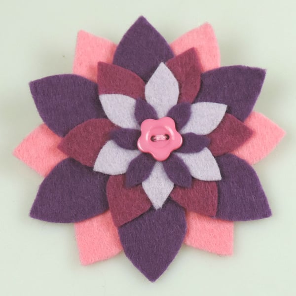Star Flower Felt Brooch, Handmade in Purples & Pinks , Gift, Birthday, Christmas