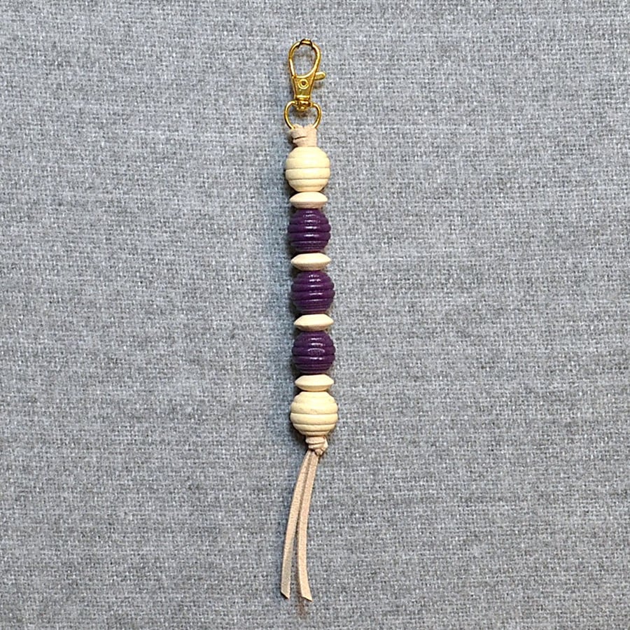 Bag Charm – Purple and Cream Wood Beads on Suede Cord