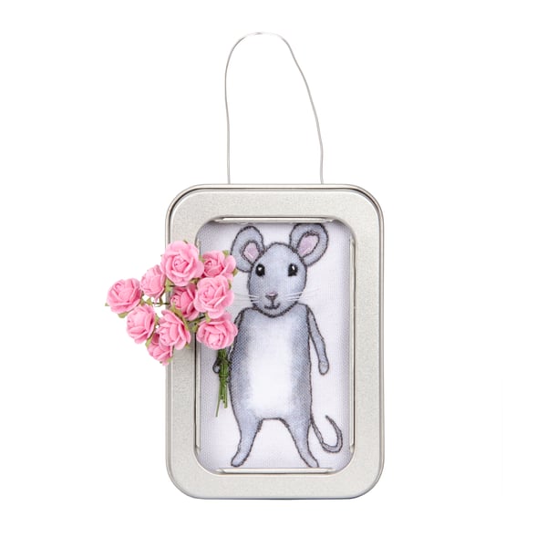 Mouse, a mouse with a pink flowers, 3D fabric mouse framed in a tin