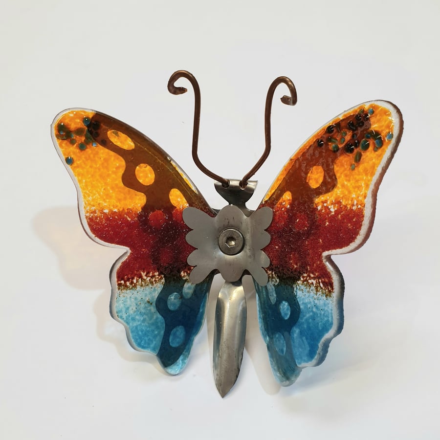 Butterfly Wall Art - Glass and Metal - Mini Orange, Red and Turquoise Butterfly