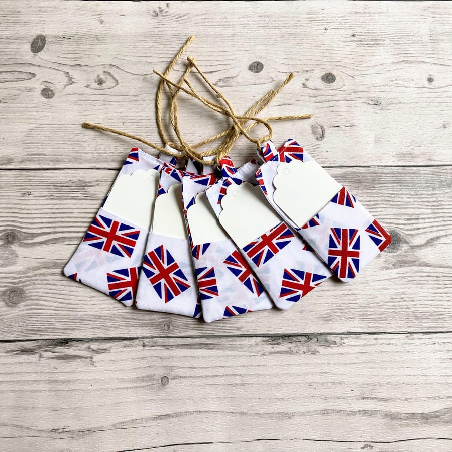 Union Jack themed fabric gift tags with card. Reusable.