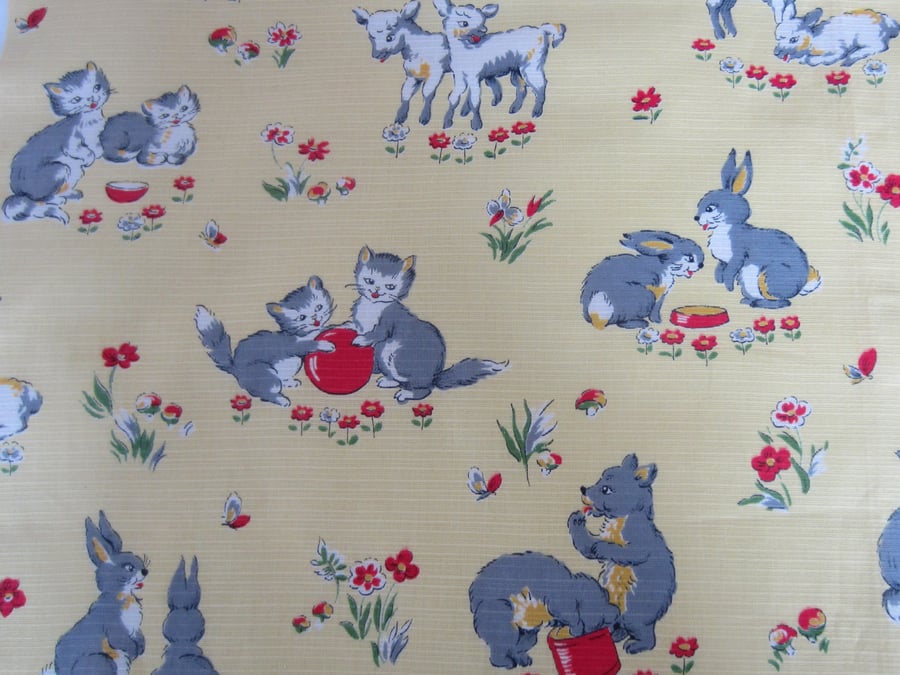 Vintage Animal Fabric Featuring Lambs, Kittens, Bears and Rabbits - 1.5 Yards