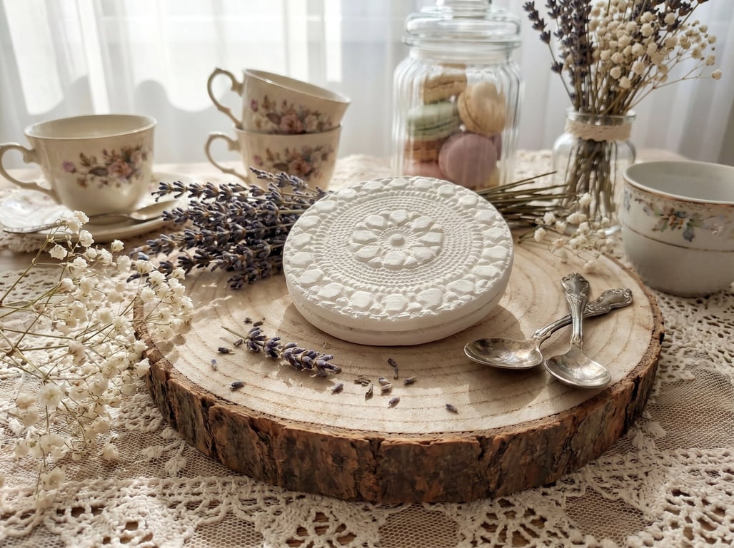 Set of 2 white embossed clay coaster