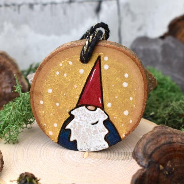 Gnome tree decoration. Pyrography hanging wood slice decoration gift.