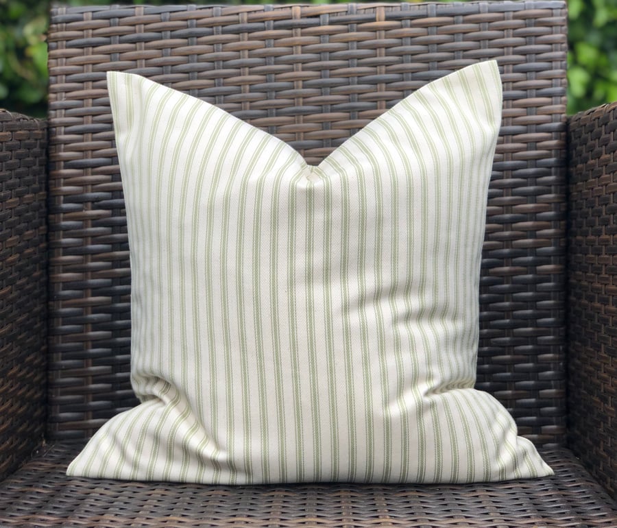 Sage Green and Cream Ticking Cushion Cover (16” x 16”)