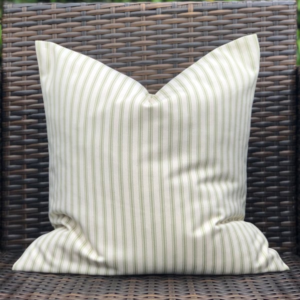 Sage Green and Cream Ticking Cushion Cover (16” x 16”)