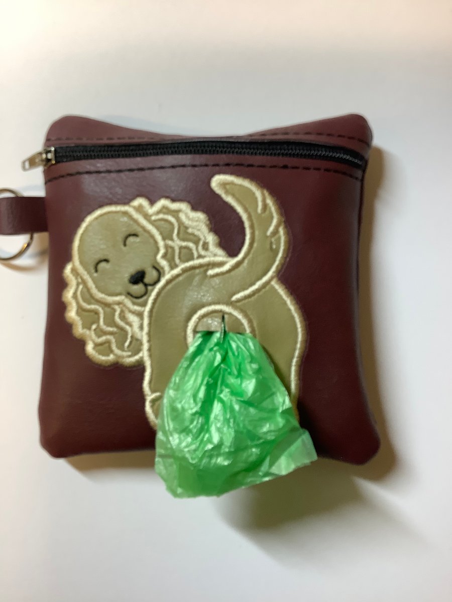 Embroidered Spaniel Burgundy faux leather dog poo bag ,dog walking,