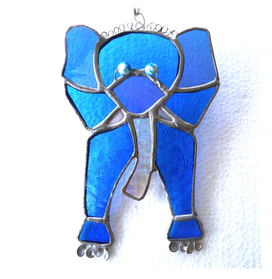 SOLD 240310 Elephant Stained Glass Suncatcher Handmade Sea Blue