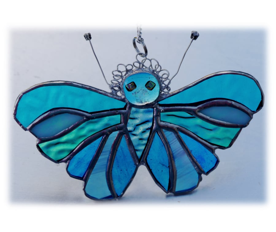 Teal Butterfly Suncatcher Stained Glass Handmade Turquoise 077