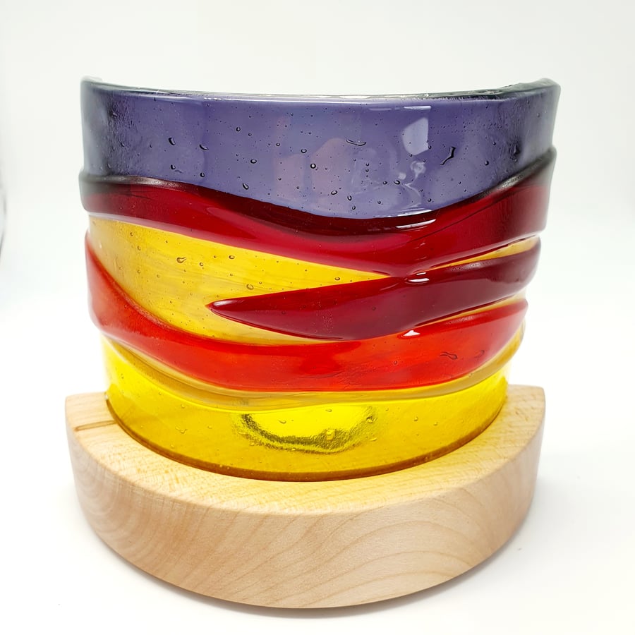 ‘Sunset’ Fused Glass Landscape in Curved  Stand with Tealight 