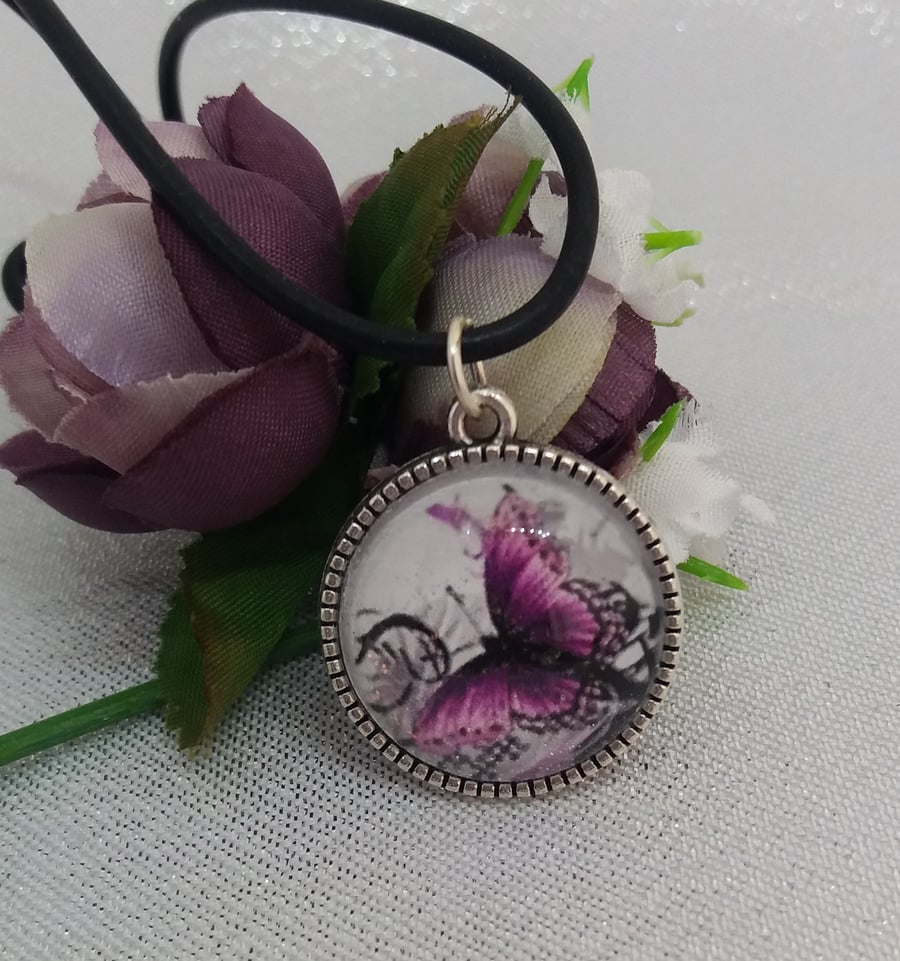 Purple butterfly picture jewellery on cord necklace