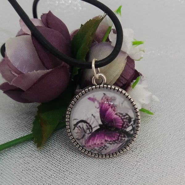 Purple butterfly picture jewellery on cord necklace