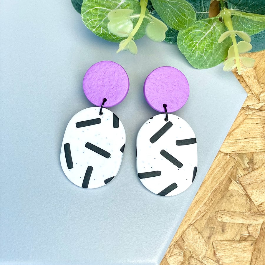 Lilac & Monochrome Sprinkles Polymer Clay Dangle Earrings 