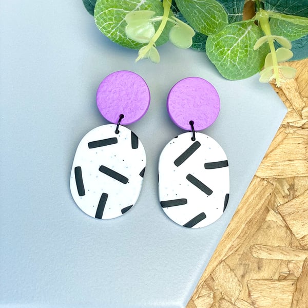 Lilac & Monochrome Sprinkles Polymer Clay Dangle Earrings 