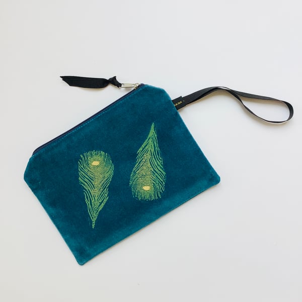 Teal Peacock Feathers zip-up pouch