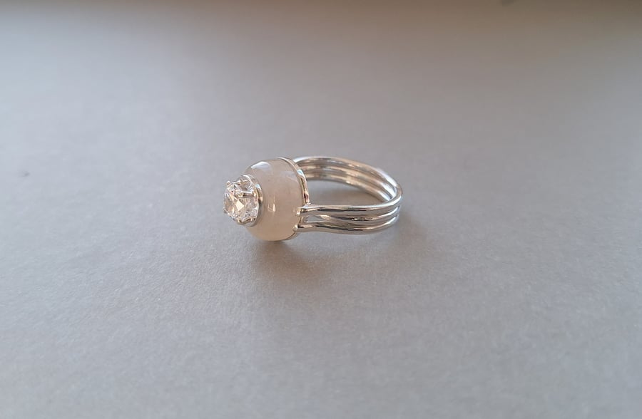 Statement  sterling silver ring with natural quartz and CZ. 925 Silver. 