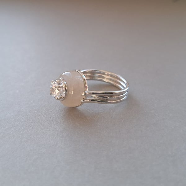 Statement  sterling silver ring with natural quartz and CZ. 925 Silver. 