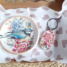 Blue Tit & Floral Clay trinket dish & matching keyring 