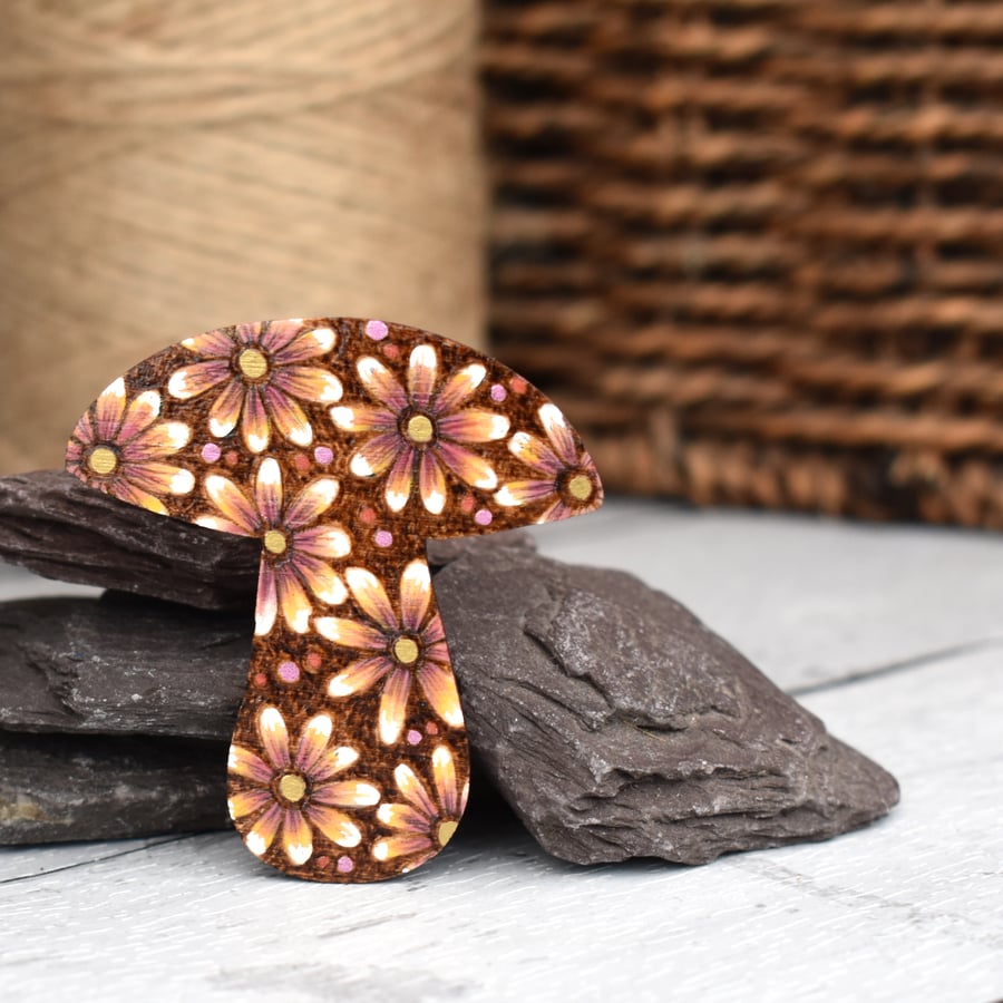 Pretty pastel flowers toadstool brooch hand burned using pyrography.