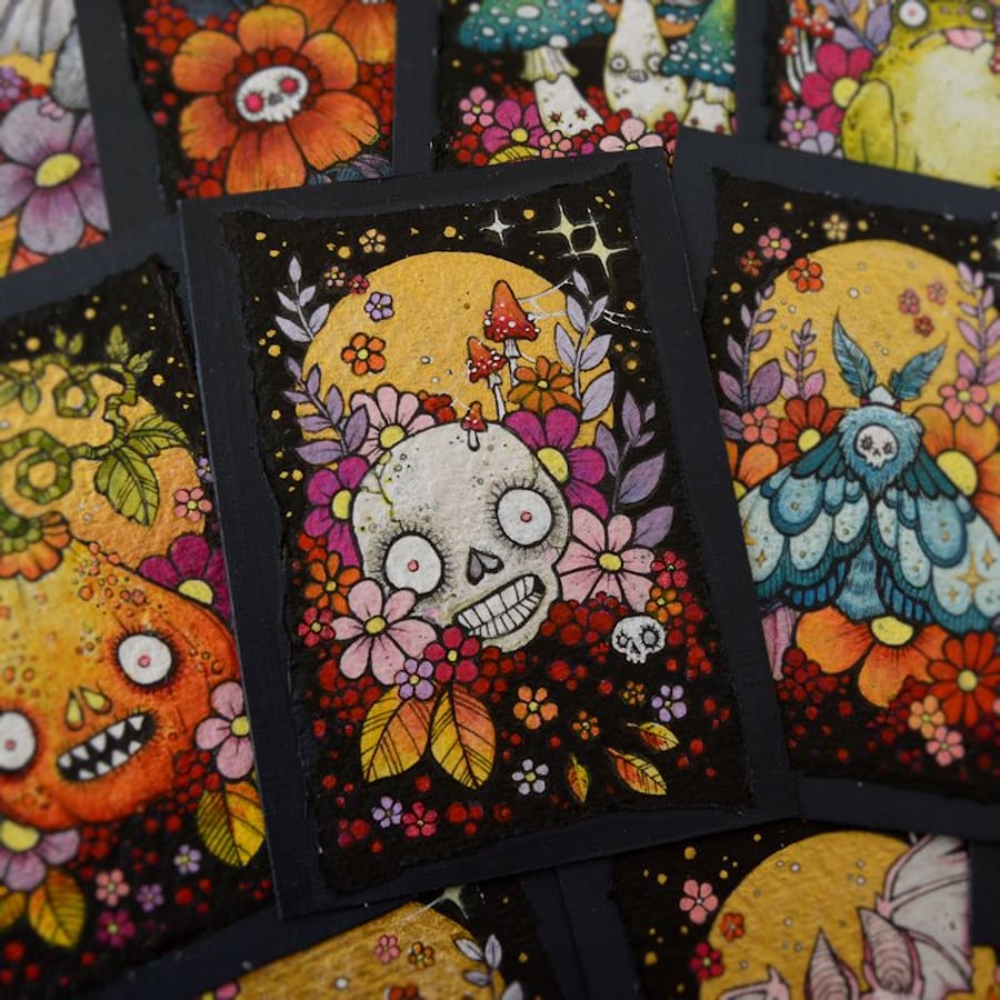 autumn skulls - original aceo illustration