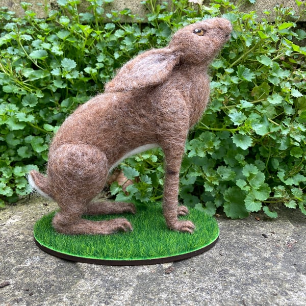 Brown hare, moon gazing, needle felted sculpture, ornament, model 