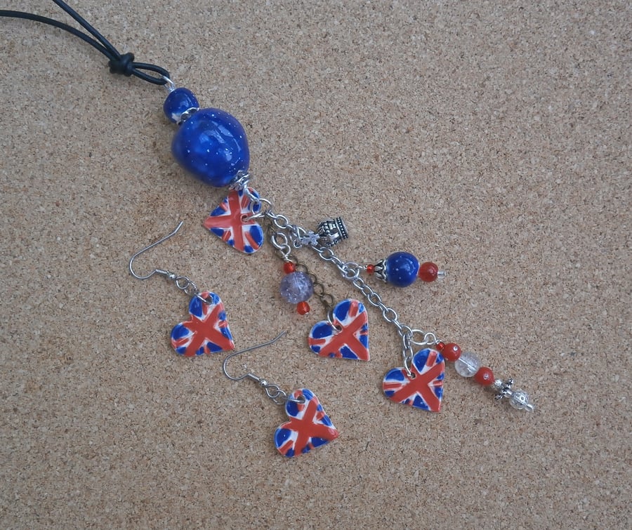 Union Jack heart pendant and earrings - red and blue Handmade jewellery 2t