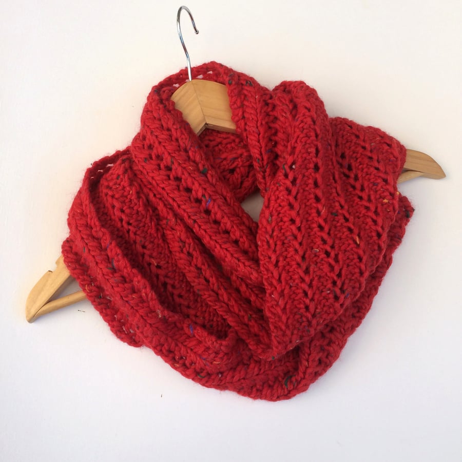 Red Hand Knit Lace Cowl